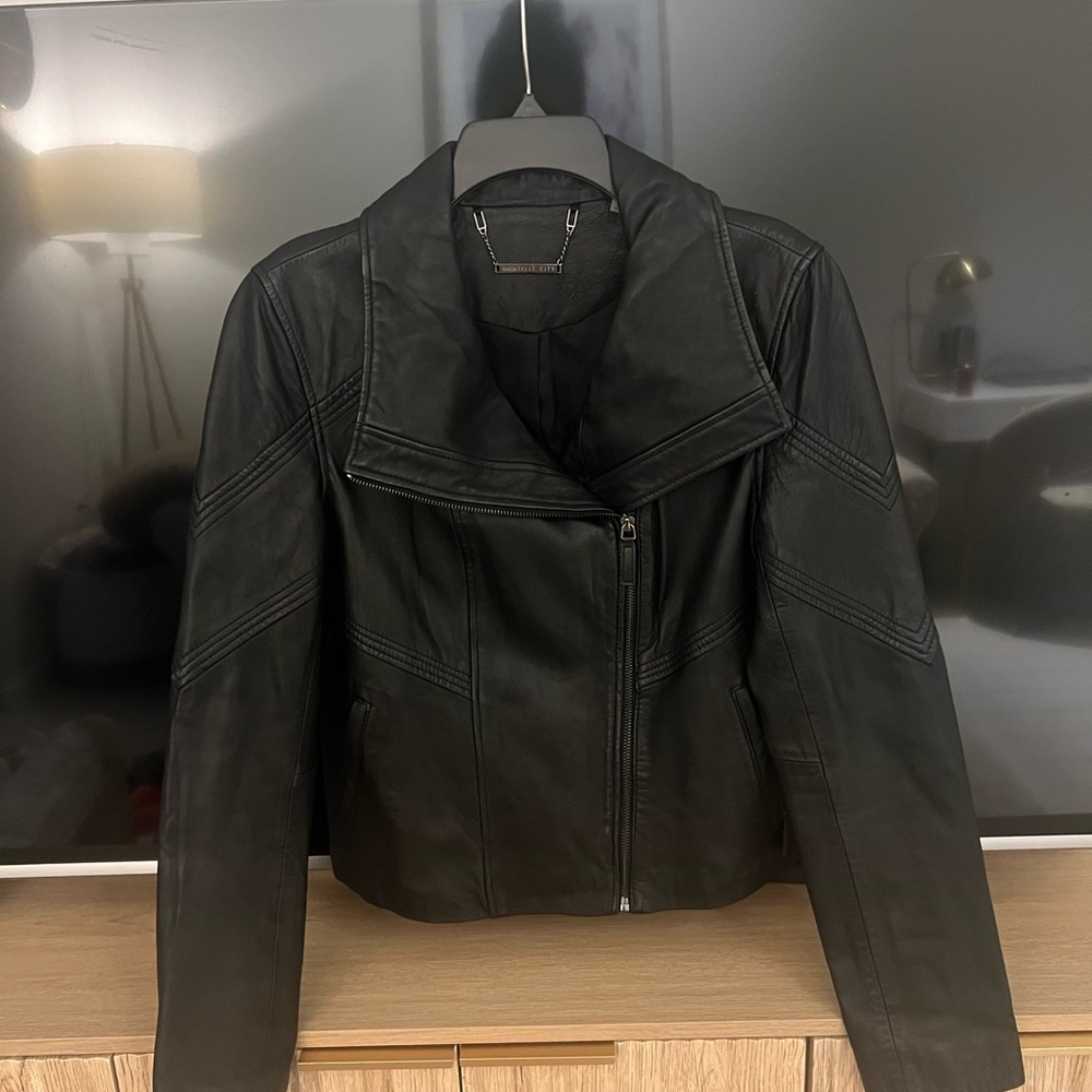 Bagatelle Black Leather Moto Jacket Asymmetrical Zipper